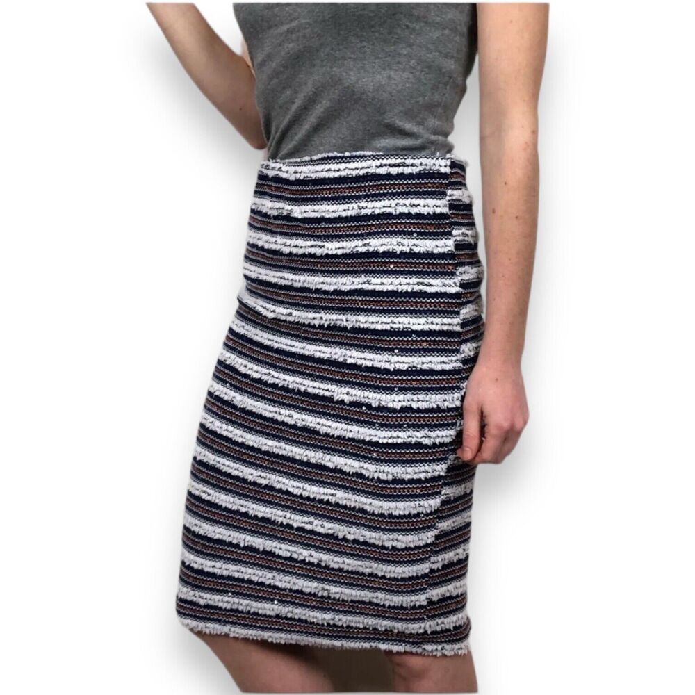 English Factory Blue White Tweed Striped Pencil Skirt Women's Size Medium